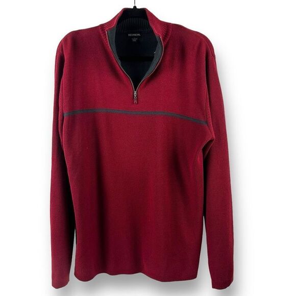 Reunion Men's Size L 1/4 Zip Sweater Deep Red Black Stripe Knit Pullover - Picture 1 of 9